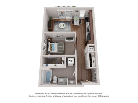 Floor plan for studio, 1 bath, 597 sqft